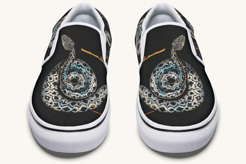 Serpent in Bloom Multicolor Snake on Black Slip On Shoes - Jaded Lament