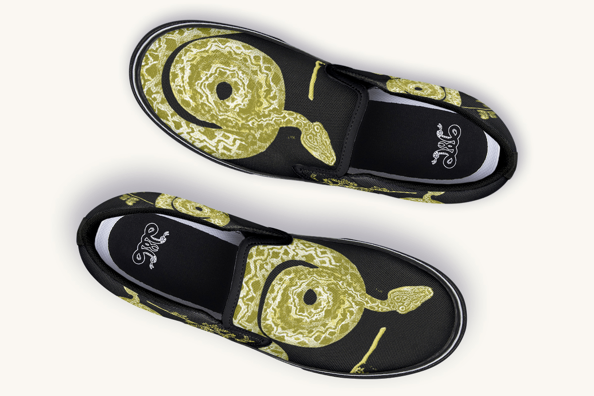 Serpent in Bloom Gold on Black Slip On Shoes - Jaded Lament