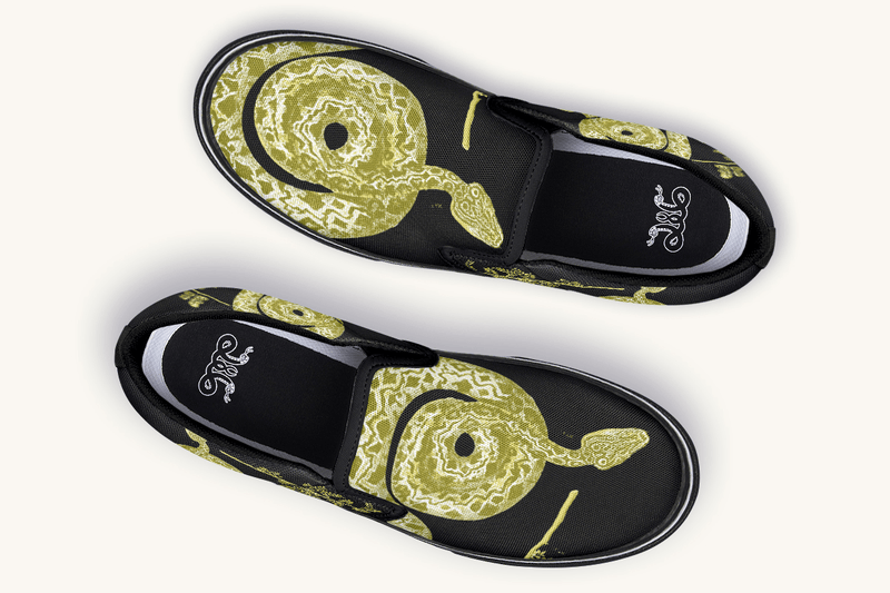 Serpent in Bloom Gold on Black Slip On Shoes - Jaded Lament