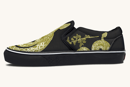 Serpent in Bloom Gold on Black Slip On Shoes - Jaded Lament