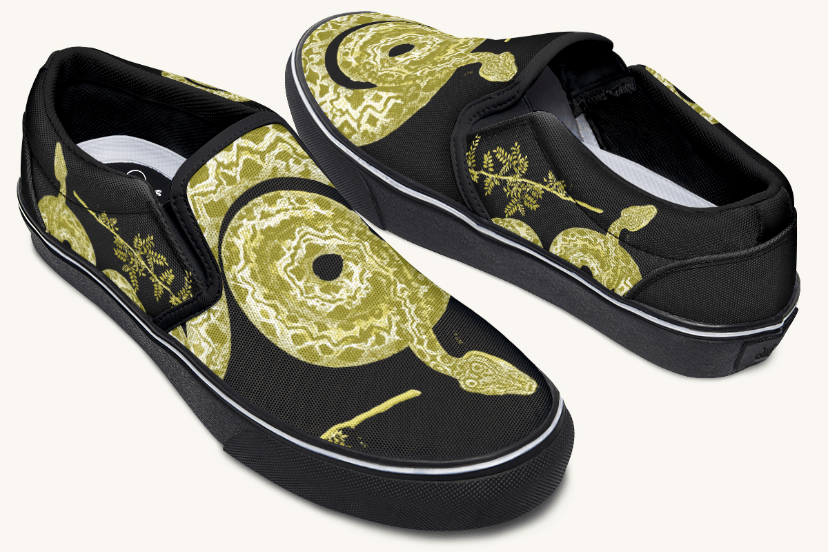 Serpent in Bloom Gold on Black Slip On Shoes - Jaded Lament