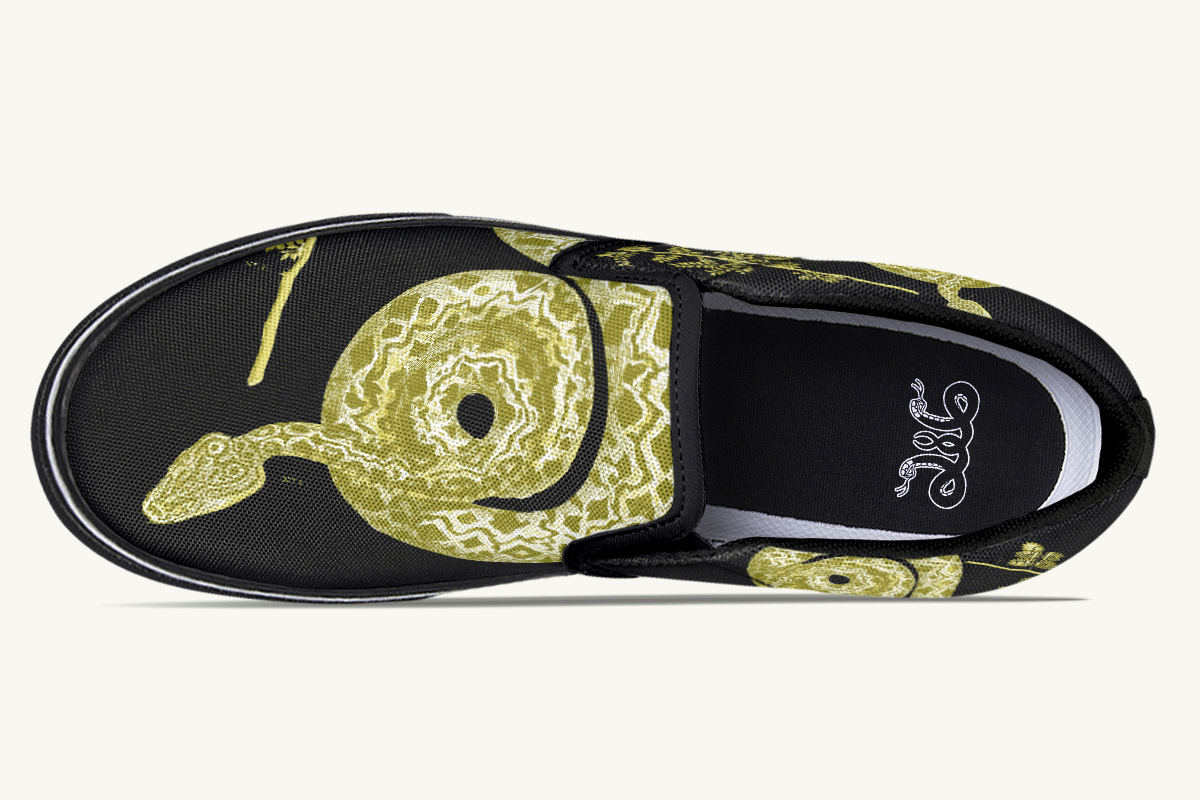 Serpent in Bloom Gold on Black Slip On Shoes - Jaded Lament