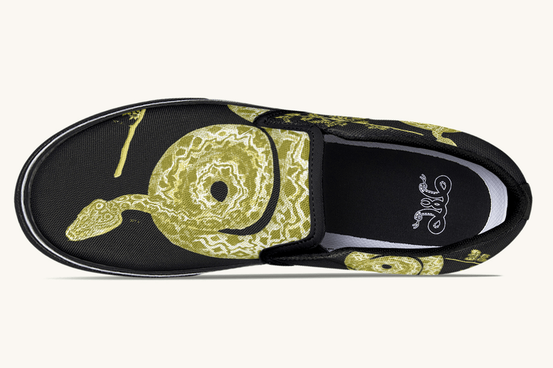 Serpent in Bloom Gold on Black Slip On Shoes - Jaded Lament