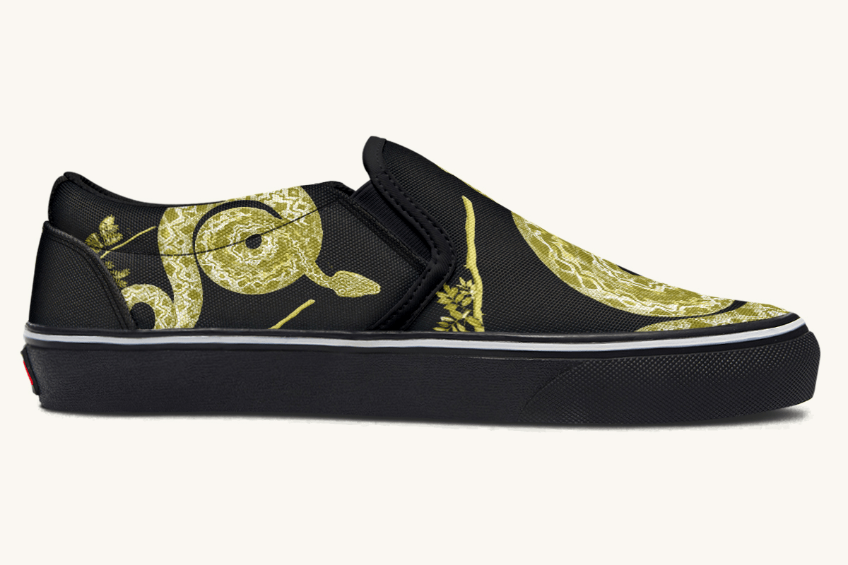 Serpent in Bloom Gold on Black Slip On Shoes - Jaded Lament