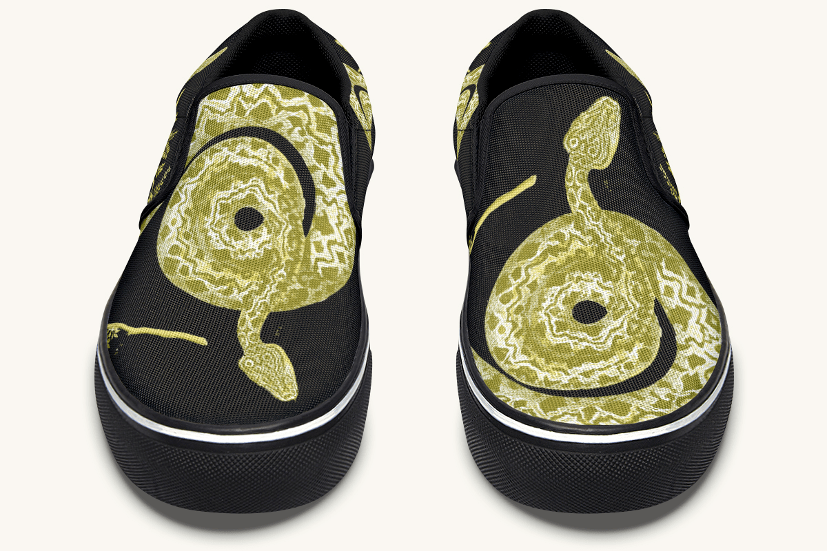 Serpent in Bloom Gold on Black Slip On Shoes - Jaded Lament