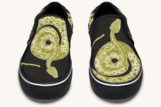 Serpent in Bloom Gold on Black Slip On Shoes - Jaded Lament