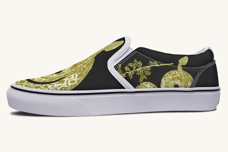 Serpent in Bloom Gold on Black Slip On Shoes - Jaded Lament