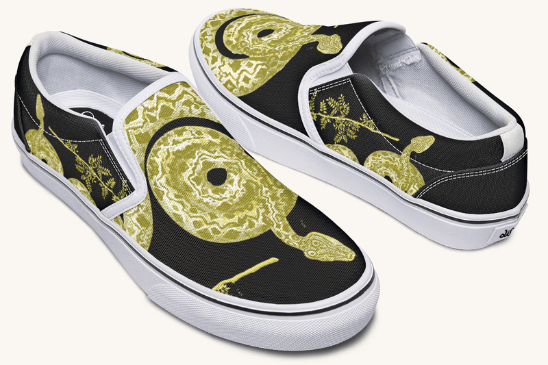 Serpent in Bloom Gold on Black Slip On Shoes - Jaded Lament