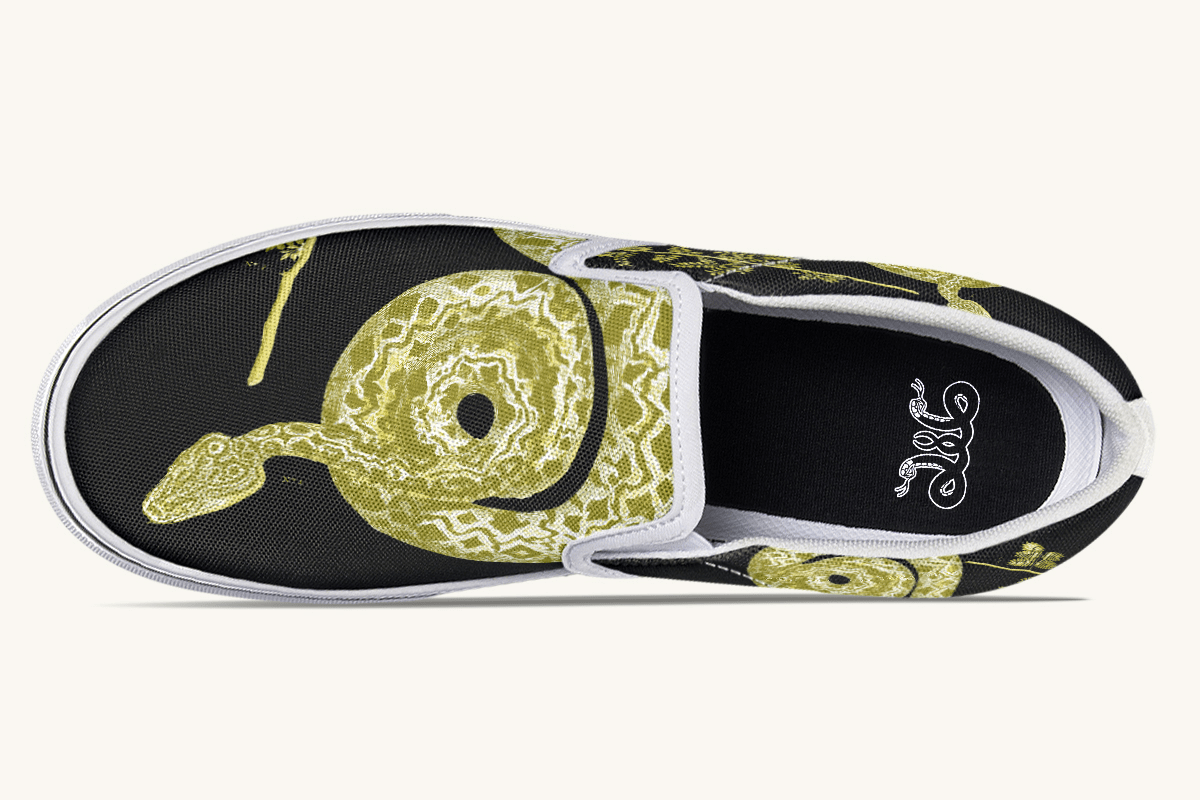 Serpent in Bloom Gold on Black Slip On Shoes - Jaded Lament