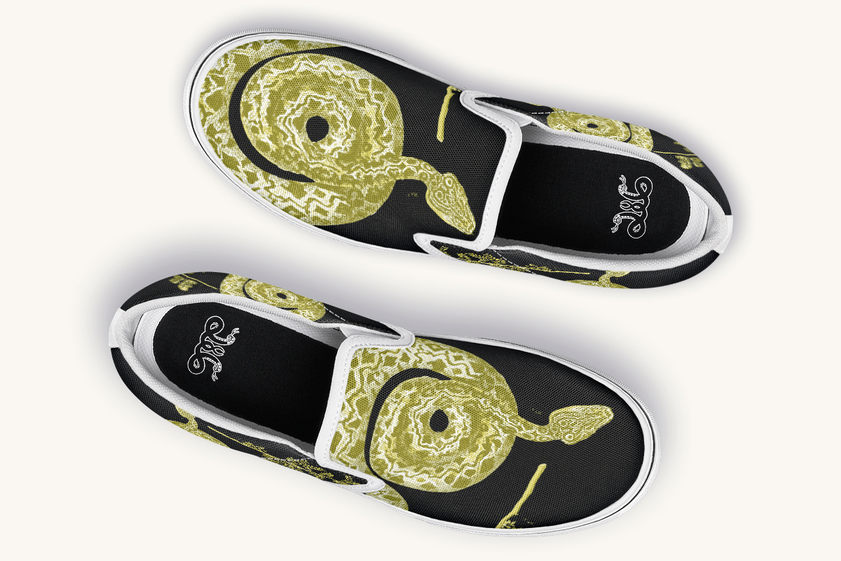 Serpent in Bloom Gold on Black Slip On Shoes - Jaded Lament