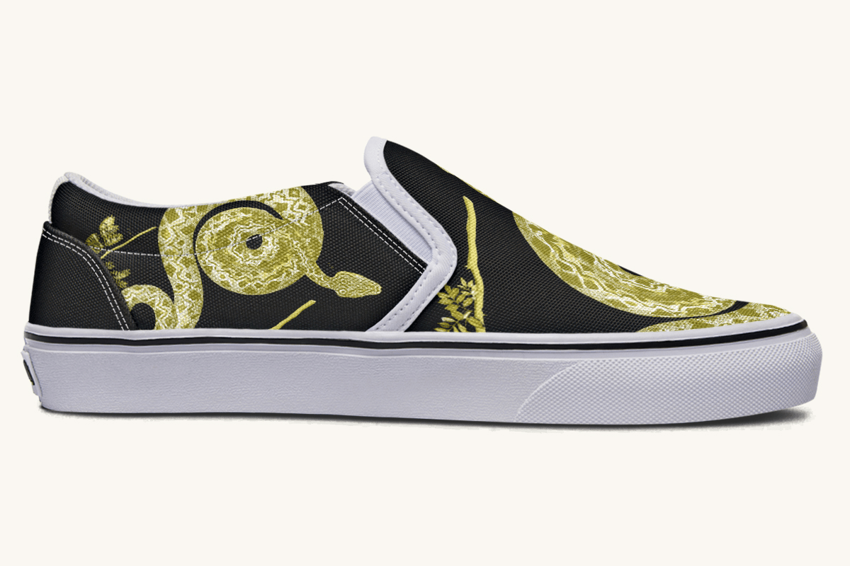 Serpent in Bloom Gold on Black Slip On Shoes - Jaded Lament