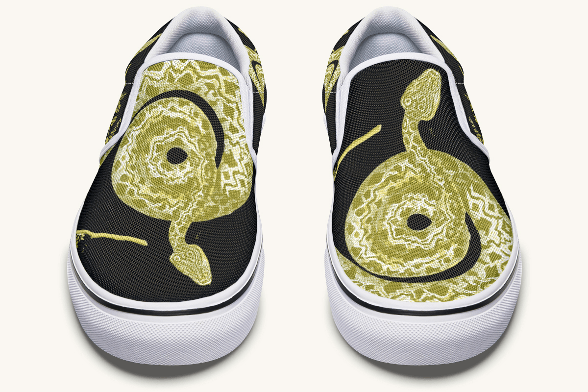 Serpent in Bloom Gold on Black Slip On Shoes - Jaded Lament
