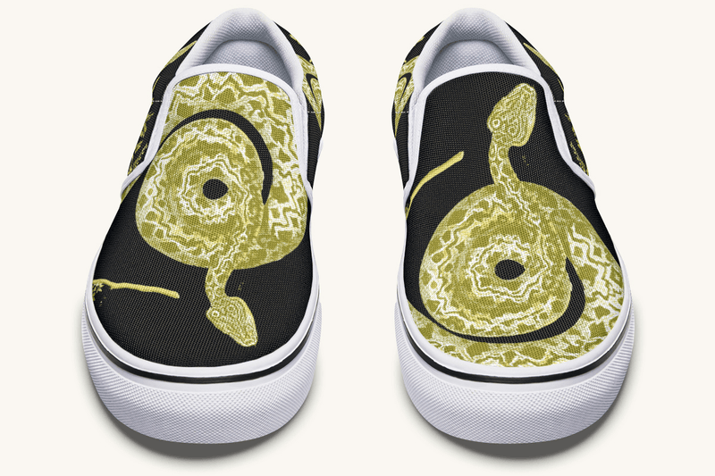 Serpent in Bloom Gold on Black Slip On Shoes - Jaded Lament