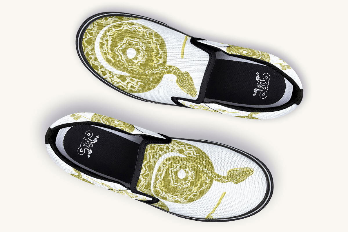 Serpent in Bloom Gold on White Slip On Shoes - Jaded Lament