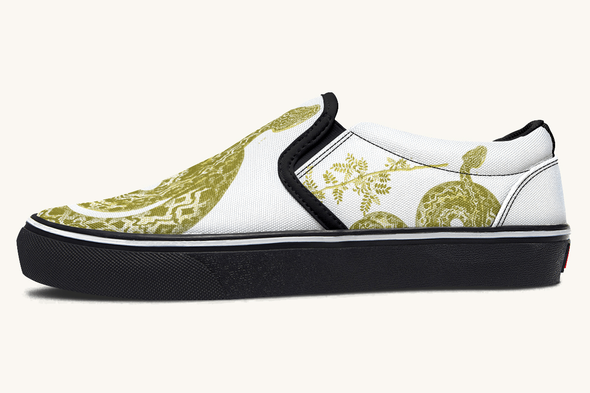Serpent in Bloom Gold on White Slip On Shoes - Jaded Lament