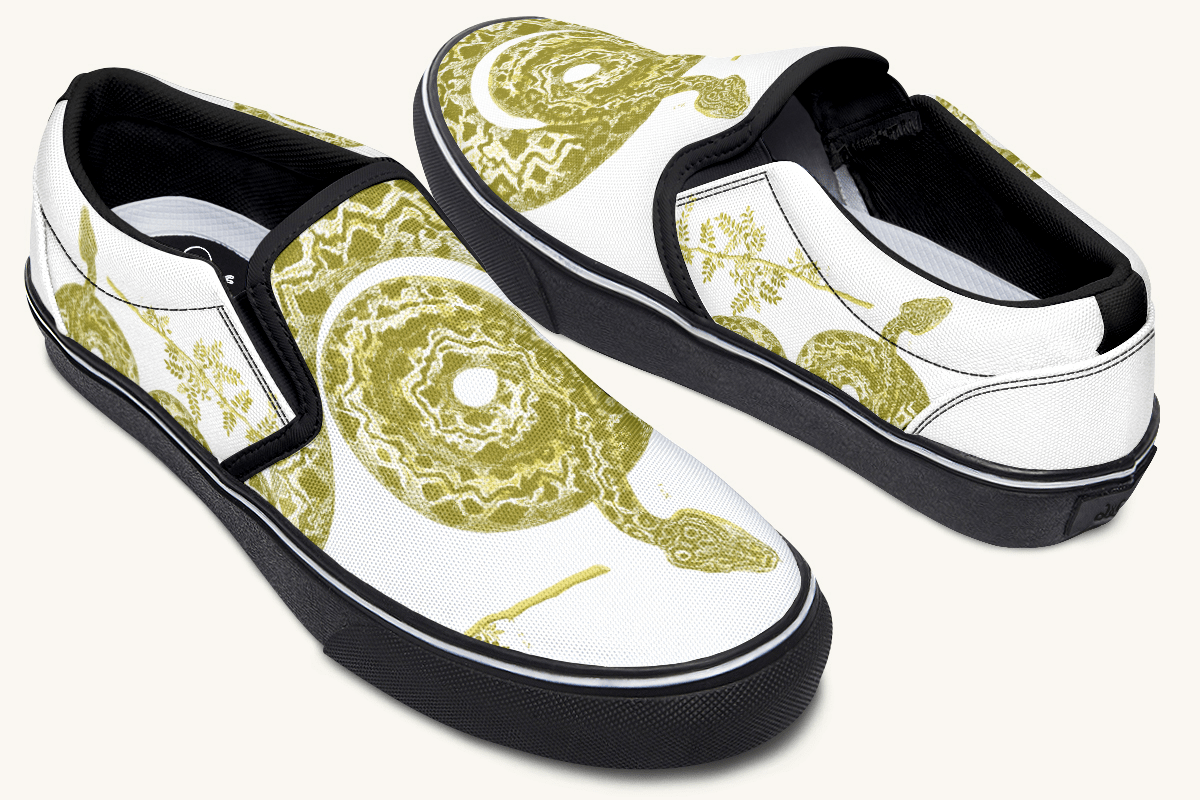Serpent in Bloom Gold on White Slip On Shoes - Jaded Lament