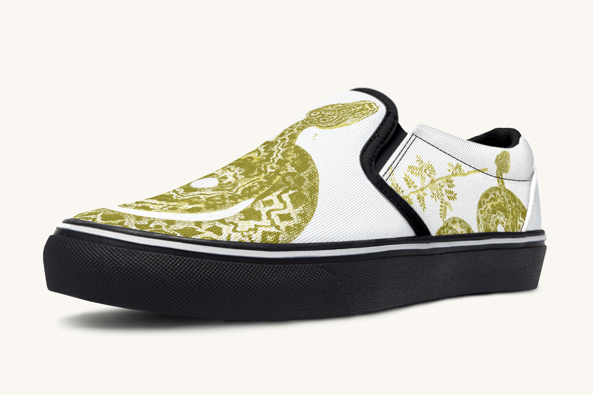 Serpent in Bloom Gold on White Slip On Shoes - Jaded Lament