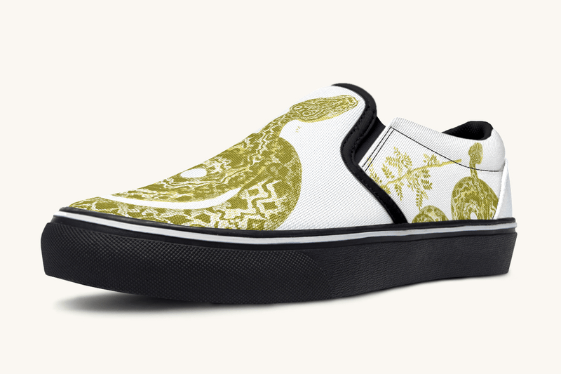 Serpent in Bloom Gold on White Slip On Shoes - Jaded Lament
