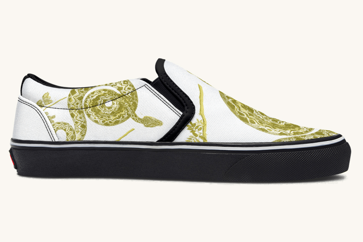 Serpent in Bloom Gold on White Slip On Shoes - Jaded Lament
