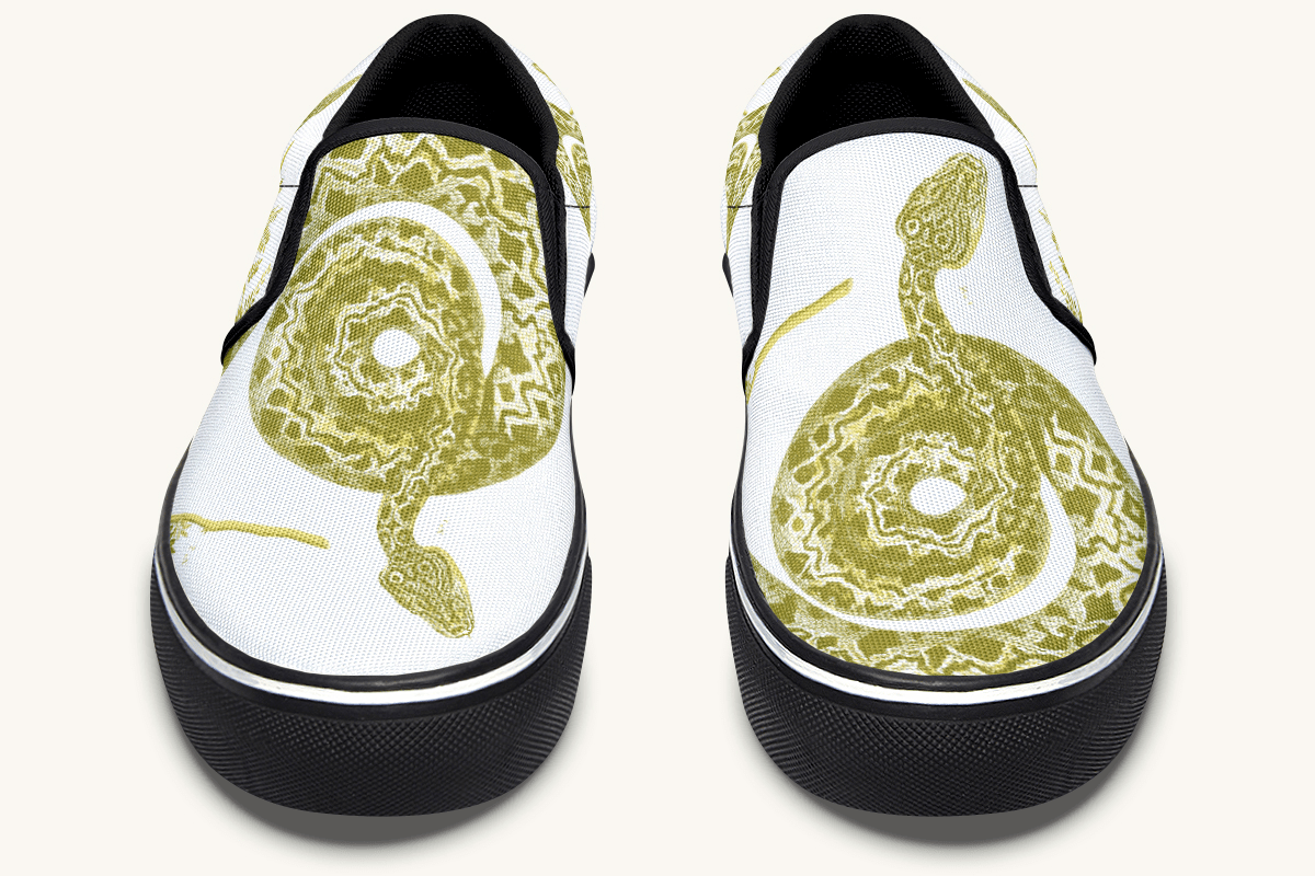 Serpent in Bloom Gold on White Slip On Shoes - Jaded Lament
