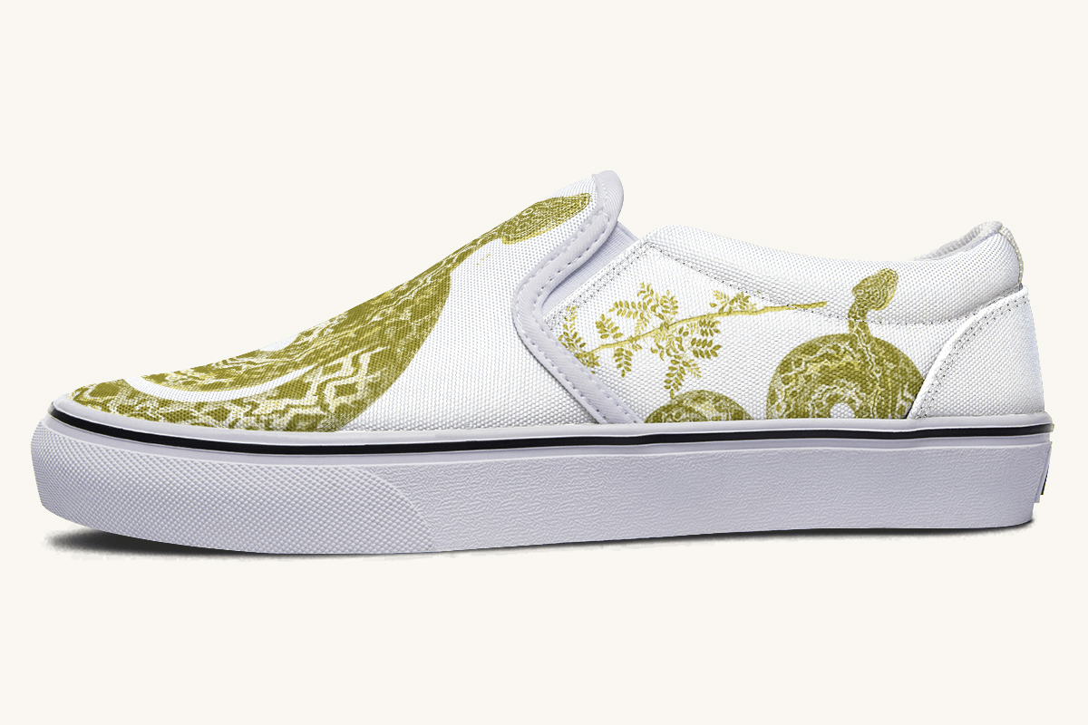 Serpent in Bloom Gold on White Slip On Shoes - Jaded Lament