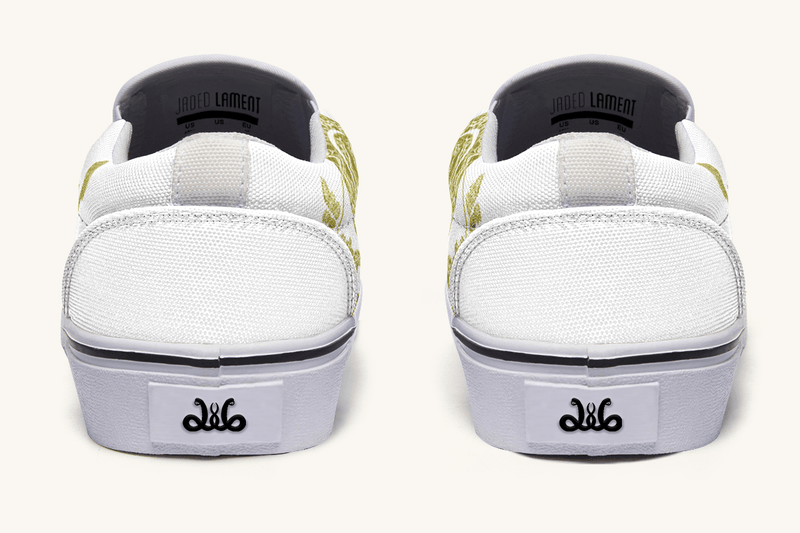 Serpent in Bloom Gold on White Slip On Shoes - Jaded Lament