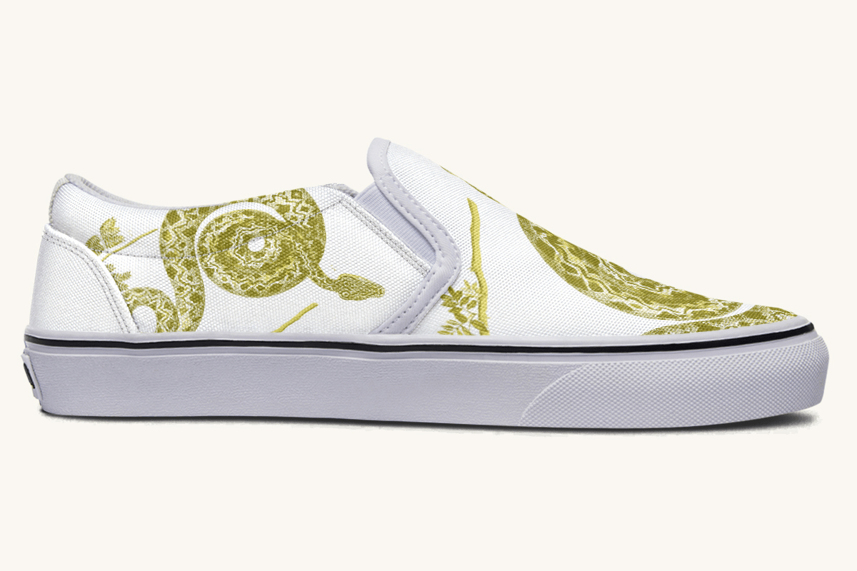 Serpent in Bloom Gold on White Slip On Shoes - Jaded Lament
