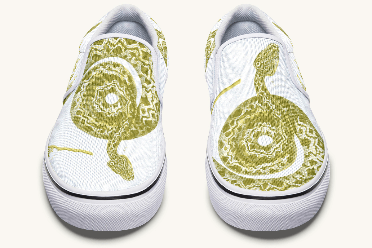 Serpent in Bloom Gold on White Slip On Shoes - Jaded Lament