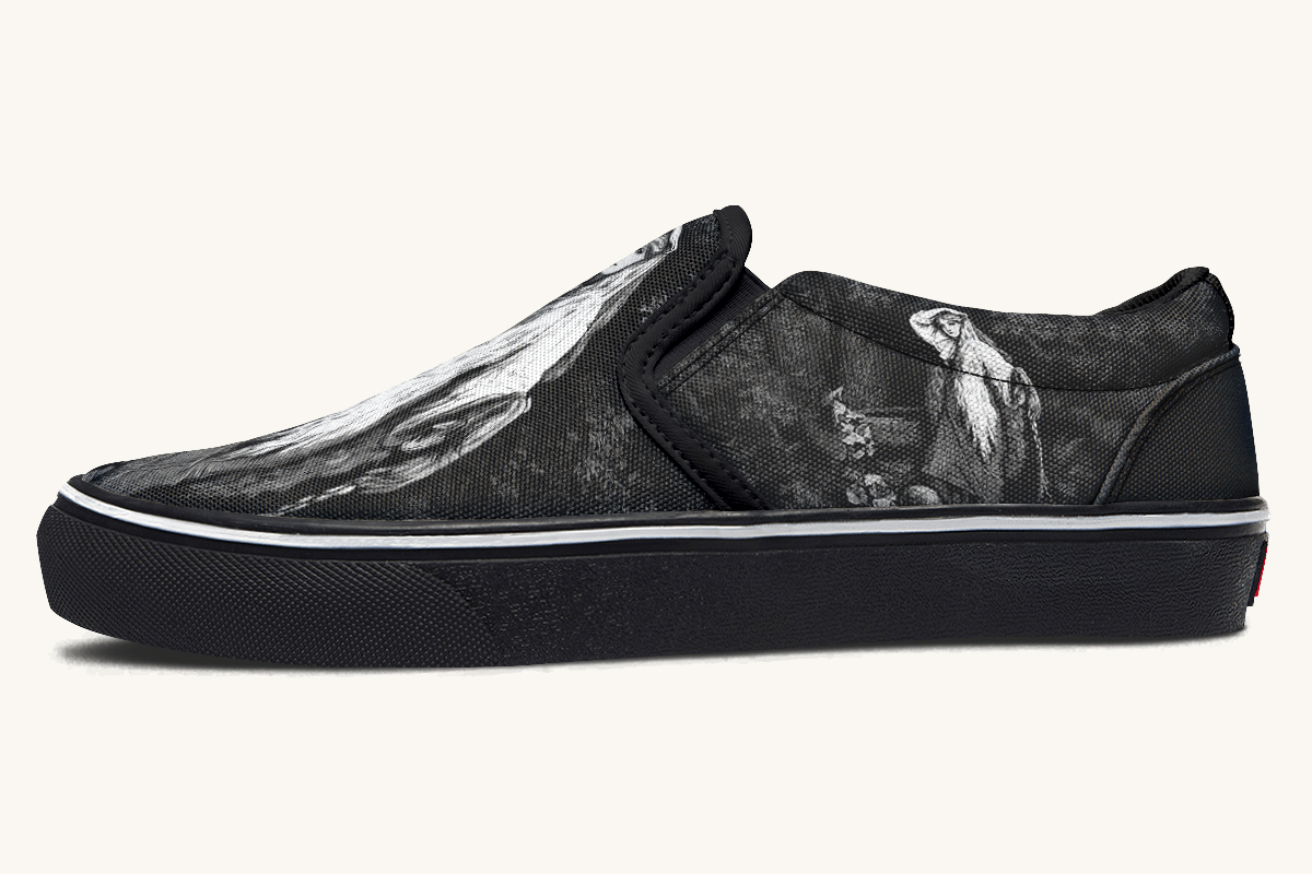 She Watched The Bones Sink Black Slip On Shoes - Jaded Lament