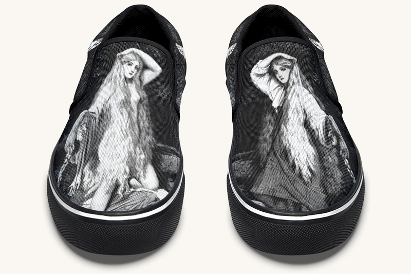 She Watched The Bones Sink Black Slip On Shoes - Jaded Lament