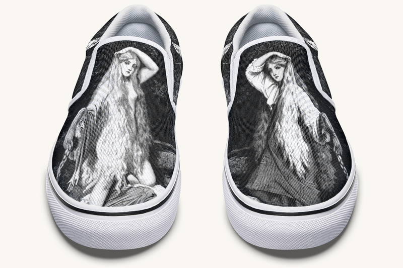 She Watched The Bones Sink Black Slip On Shoes - Jaded Lament