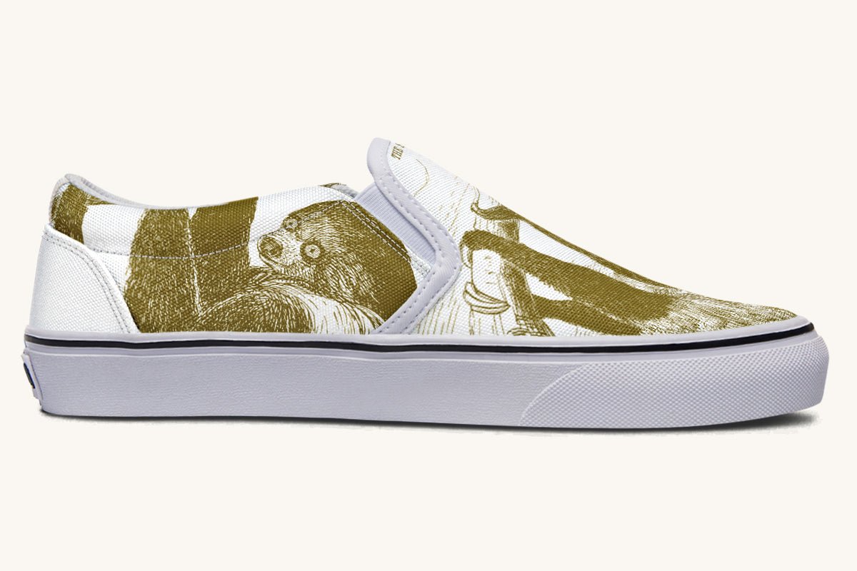 The Sloth Stays Brown White Slip On Shoes - Jaded Lament