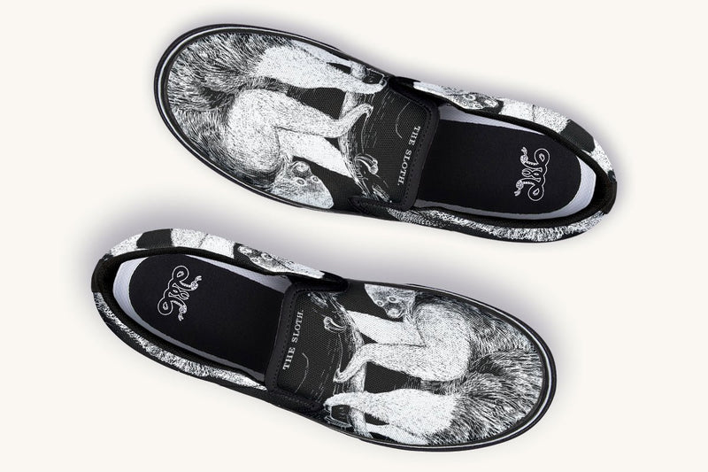 The Sloth Stays White Black Slip On Shoes - Jaded Lament