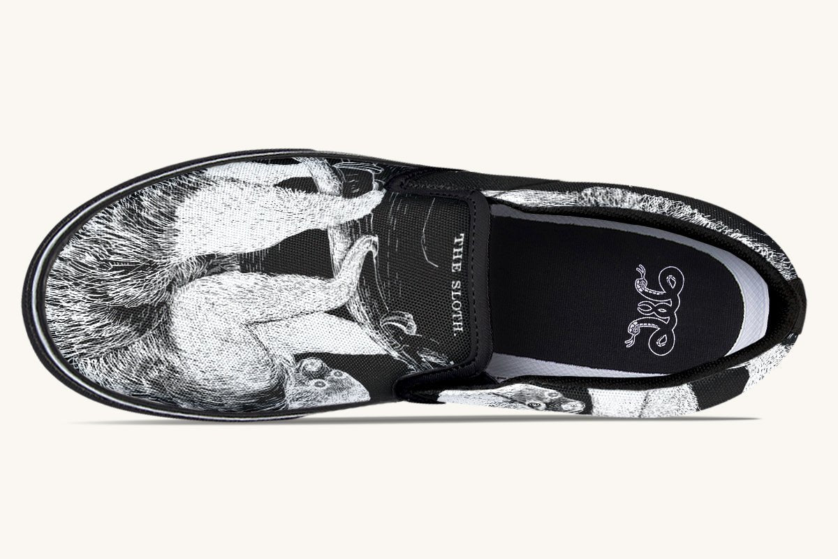 The Sloth Stays White Black Slip On Shoes - Jaded Lament