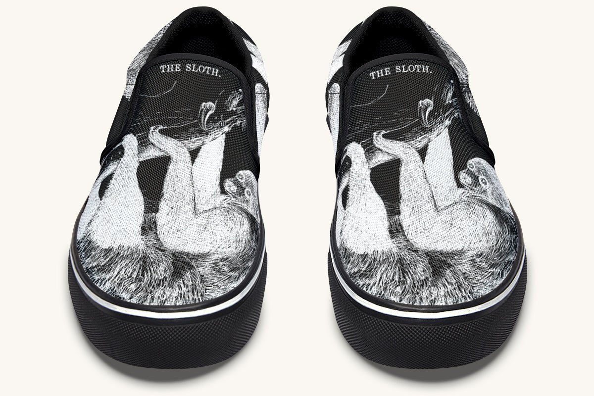 The Sloth Stays White Black Slip On Shoes - Jaded Lament