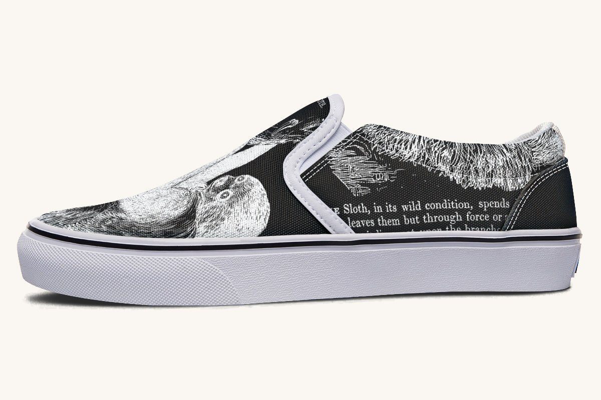 The Sloth Stays White Black Slip On Shoes - Jaded Lament