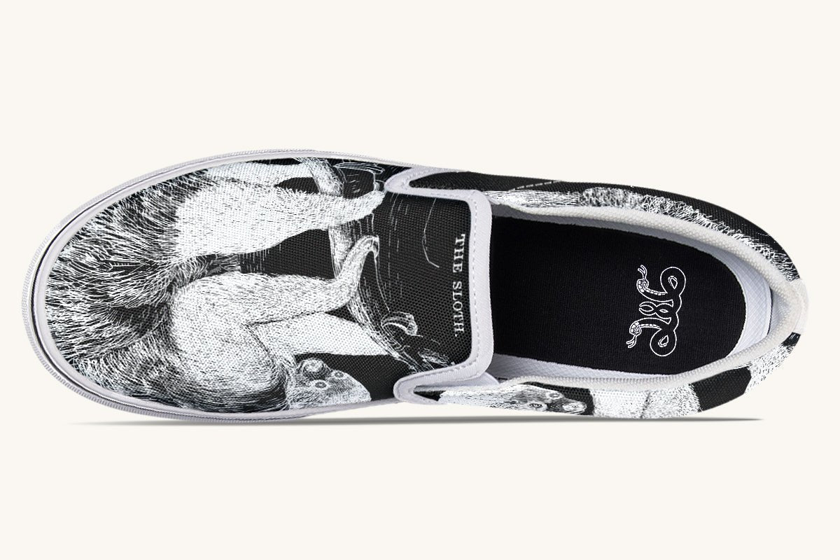 The Sloth Stays White Black Slip On Shoes - Jaded Lament