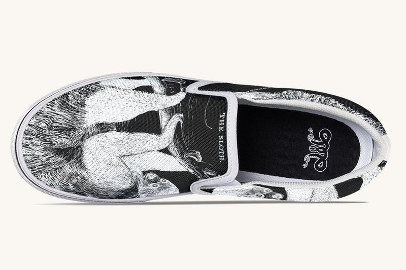 The Sloth Stays White Black Slip On Shoes - Jaded Lament