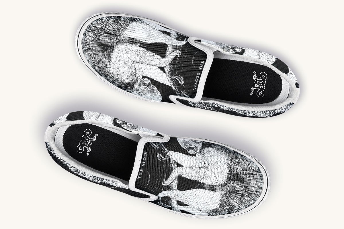 The Sloth Stays White Black Slip On Shoes - Jaded Lament