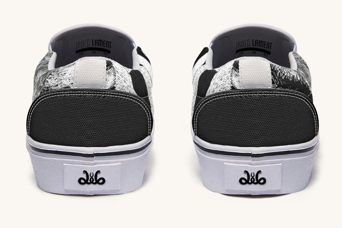 The Sloth Stays White Black Slip On Shoes - Jaded Lament