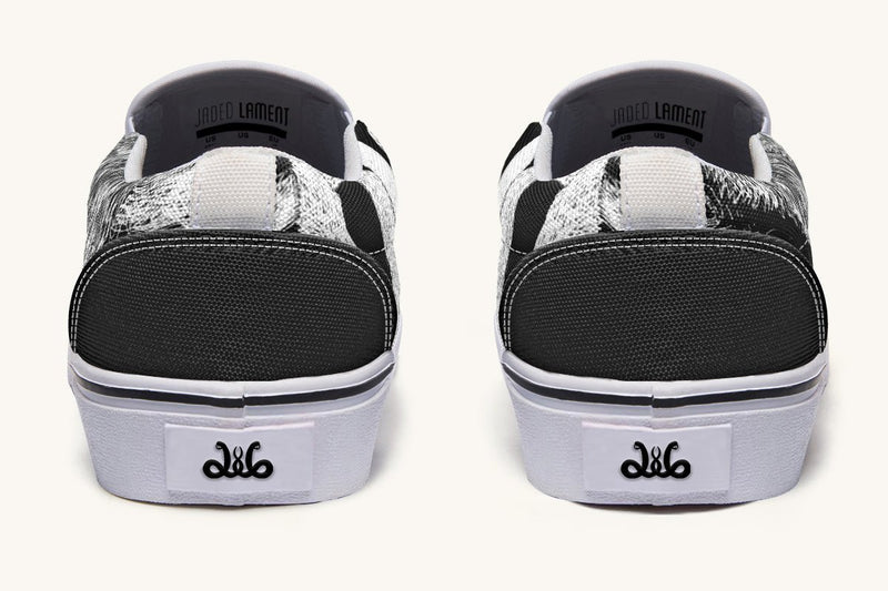 The Sloth Stays White Black Slip On Shoes - Jaded Lament