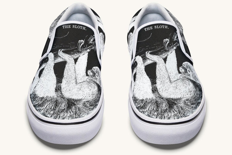 The Sloth Stays White Black Slip On Shoes - Jaded Lament